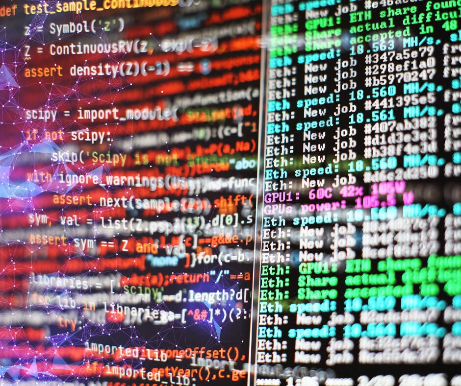 A split screen showing multi‑colored programming output and GPU mining log text—on the left, lines of Python code (e.g. import_module, assert density(Z)==1) overlay an abstract digital‑graph network pattern.